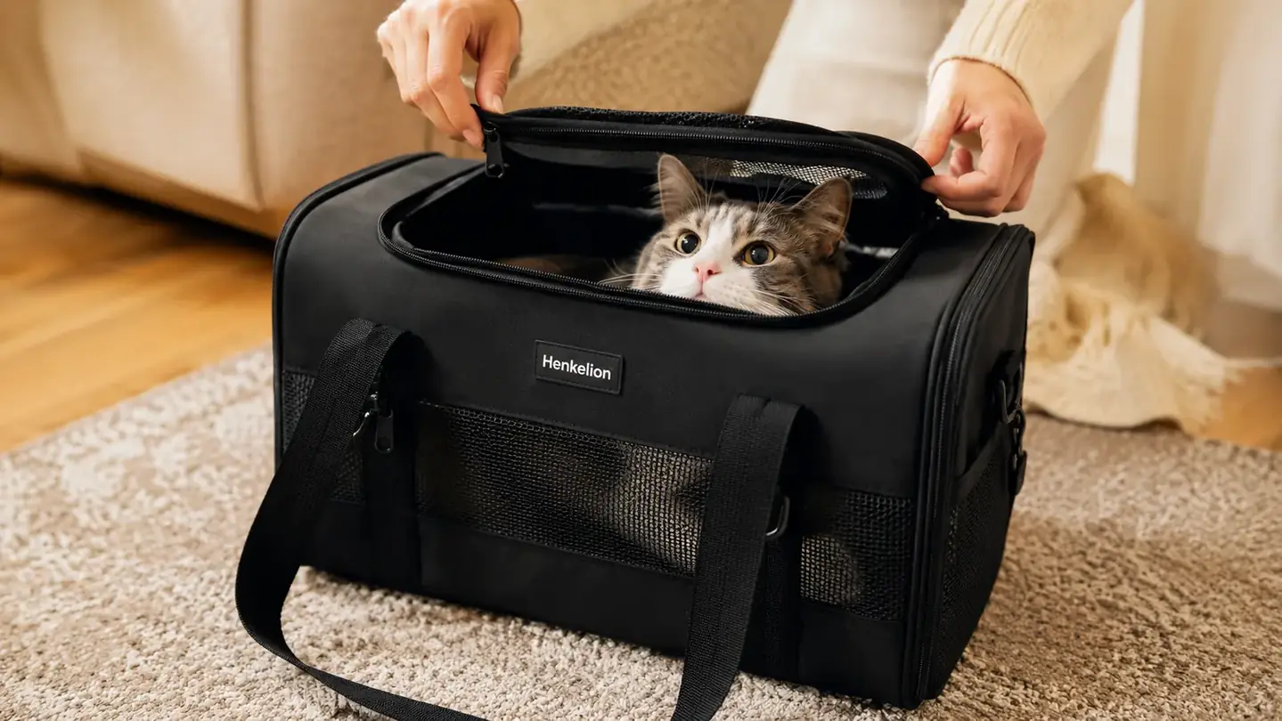 A woman's hands opening the top zipper of a soft-sided carrier while a cat looks out from inside