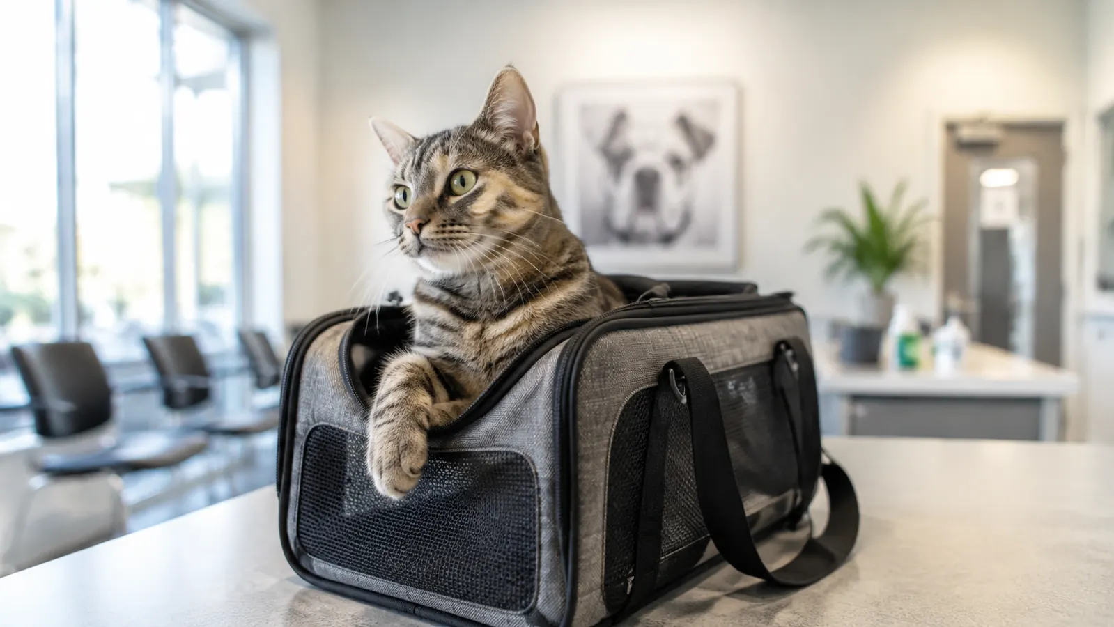 A soft-sided carrier on a counter in a bright veterinary waiting room with a cat leaning out