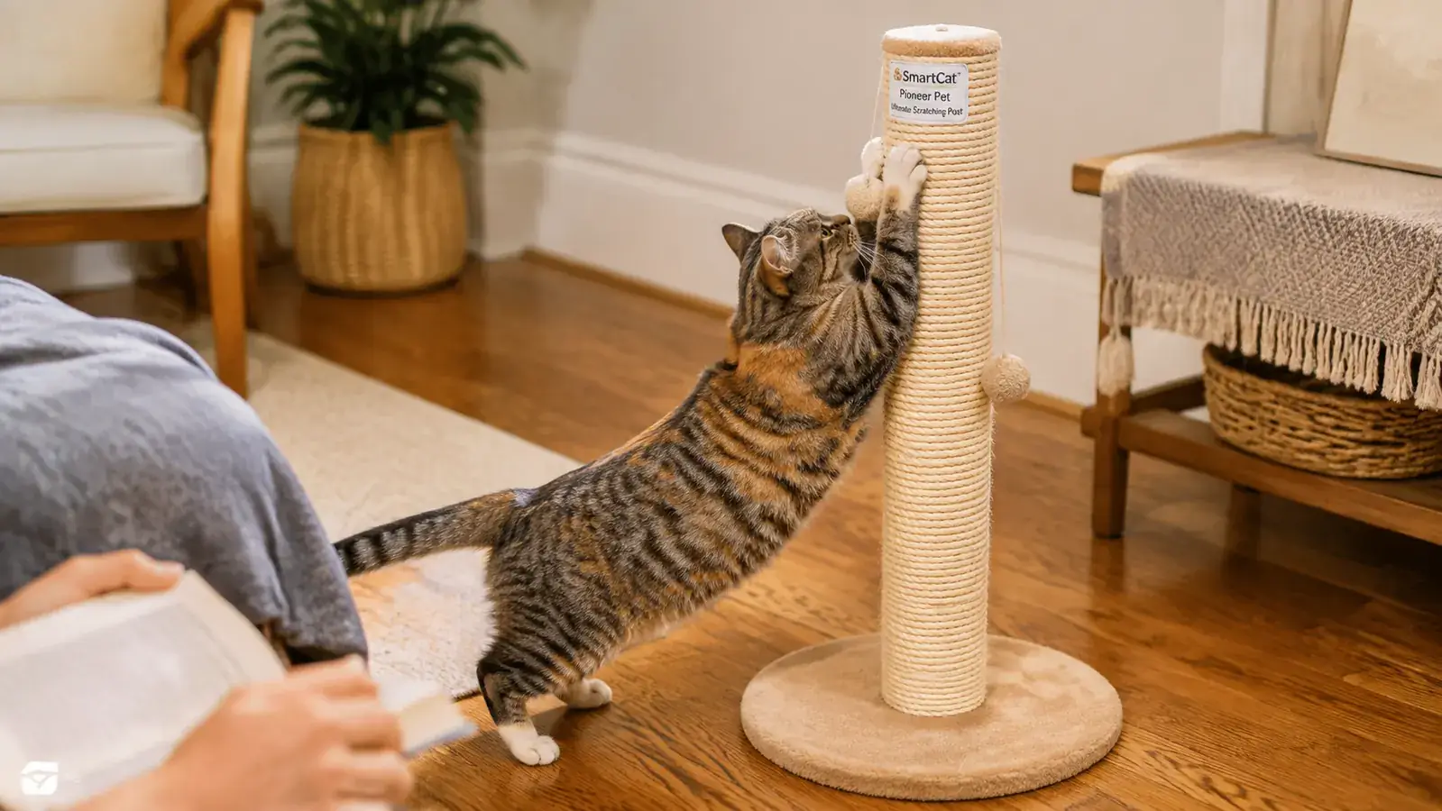 A cat mid-stretch with front paws wrapped around a sisal scratching post, showing the full-body reach