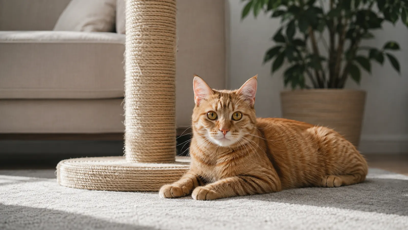 A relaxed cat lying beside a tall sisal scratching post next to a living room couch, furniture intact