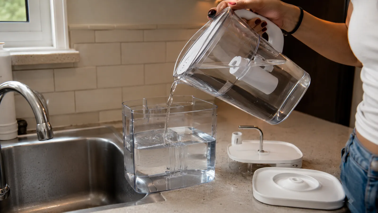 A hand filling the reservoir of a pet water fountain at a kitchen sink
