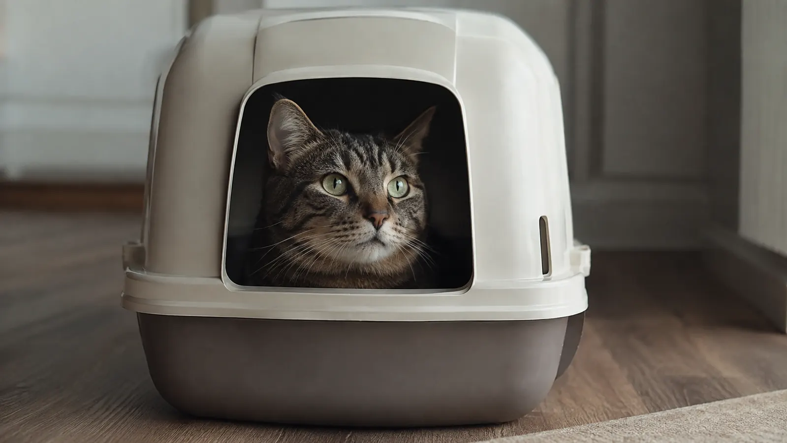A cat sitting calmly inside the opening of a covered litter box, looking out