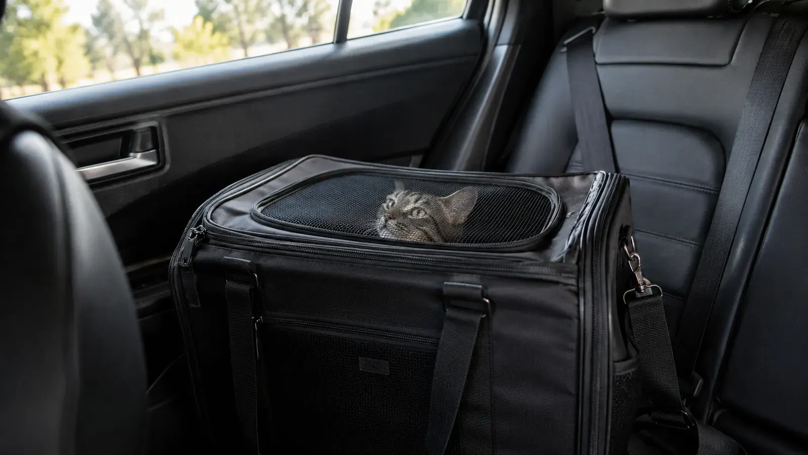 A soft-sided black cat carrier resting in the back seat of a car with a cat's face at the mesh window