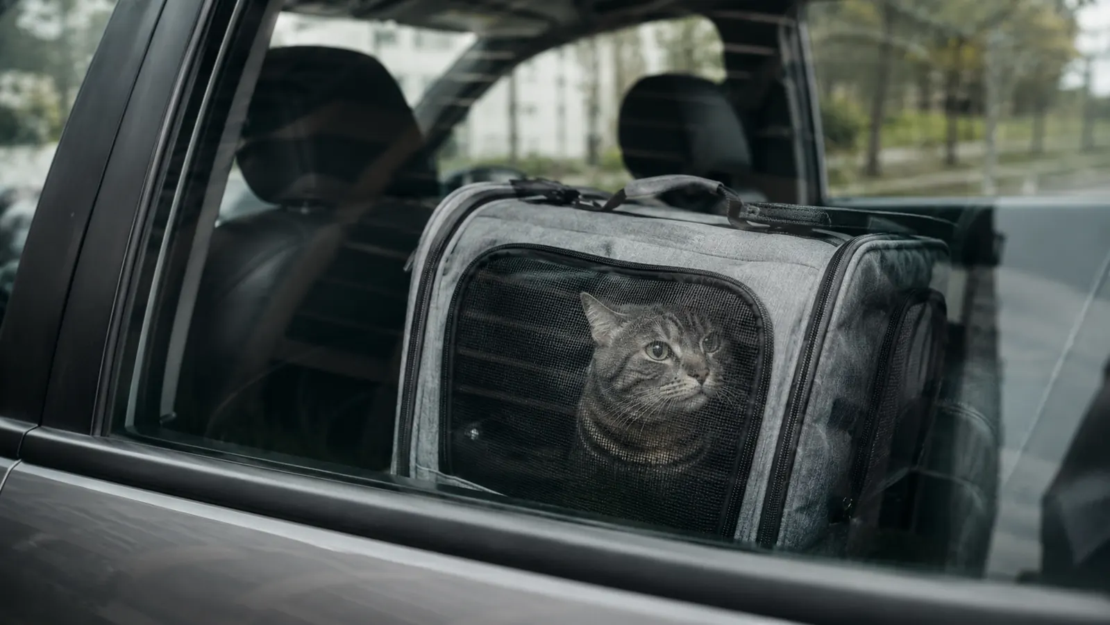 A calm gray tabby cat lying inside a soft-sided carrier on a car seat, looking out through the mesh window at the road