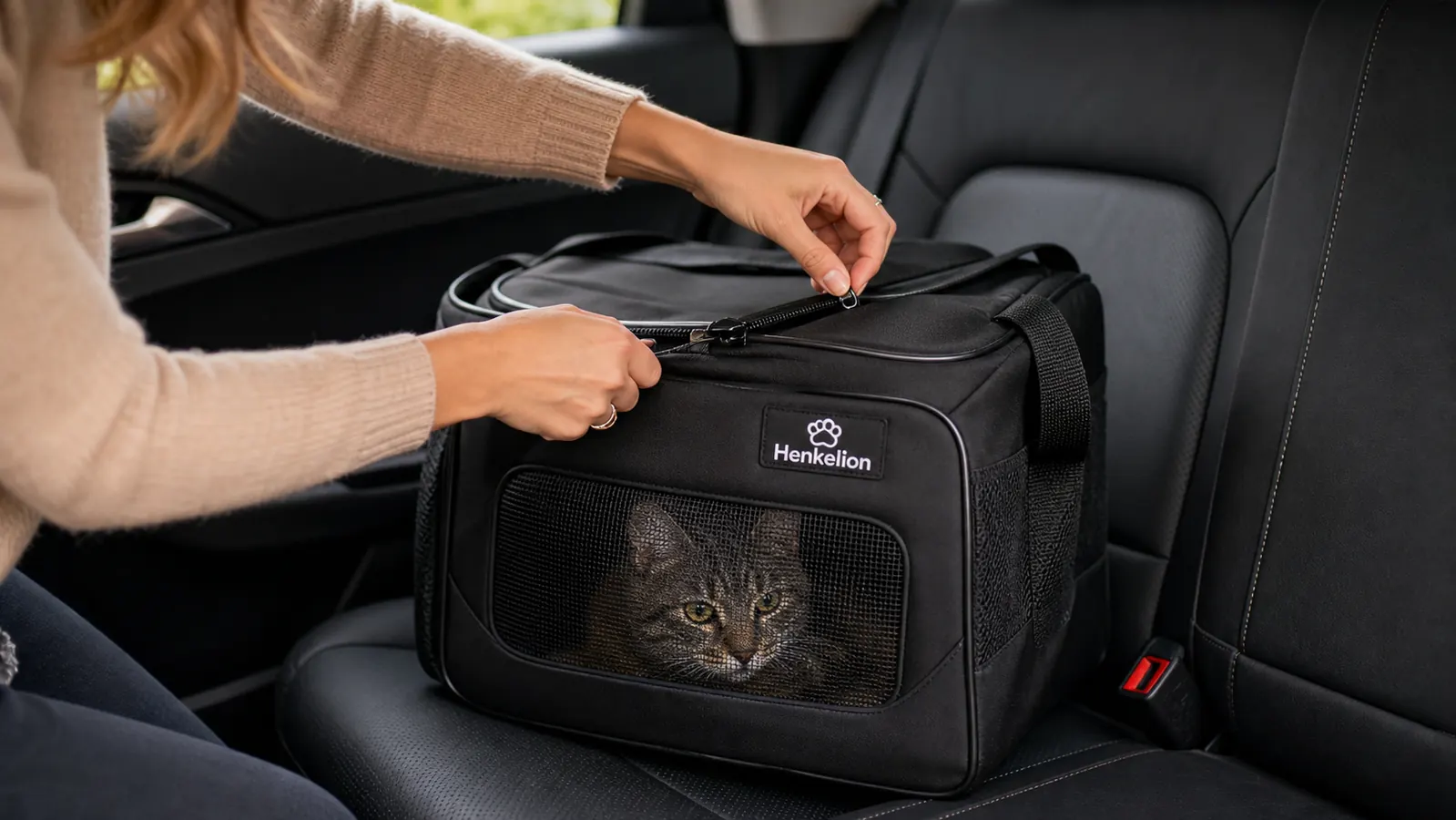 A woman zipping closed a soft-sided cat carrier on the back seat of a car, a cat visible through the mesh window