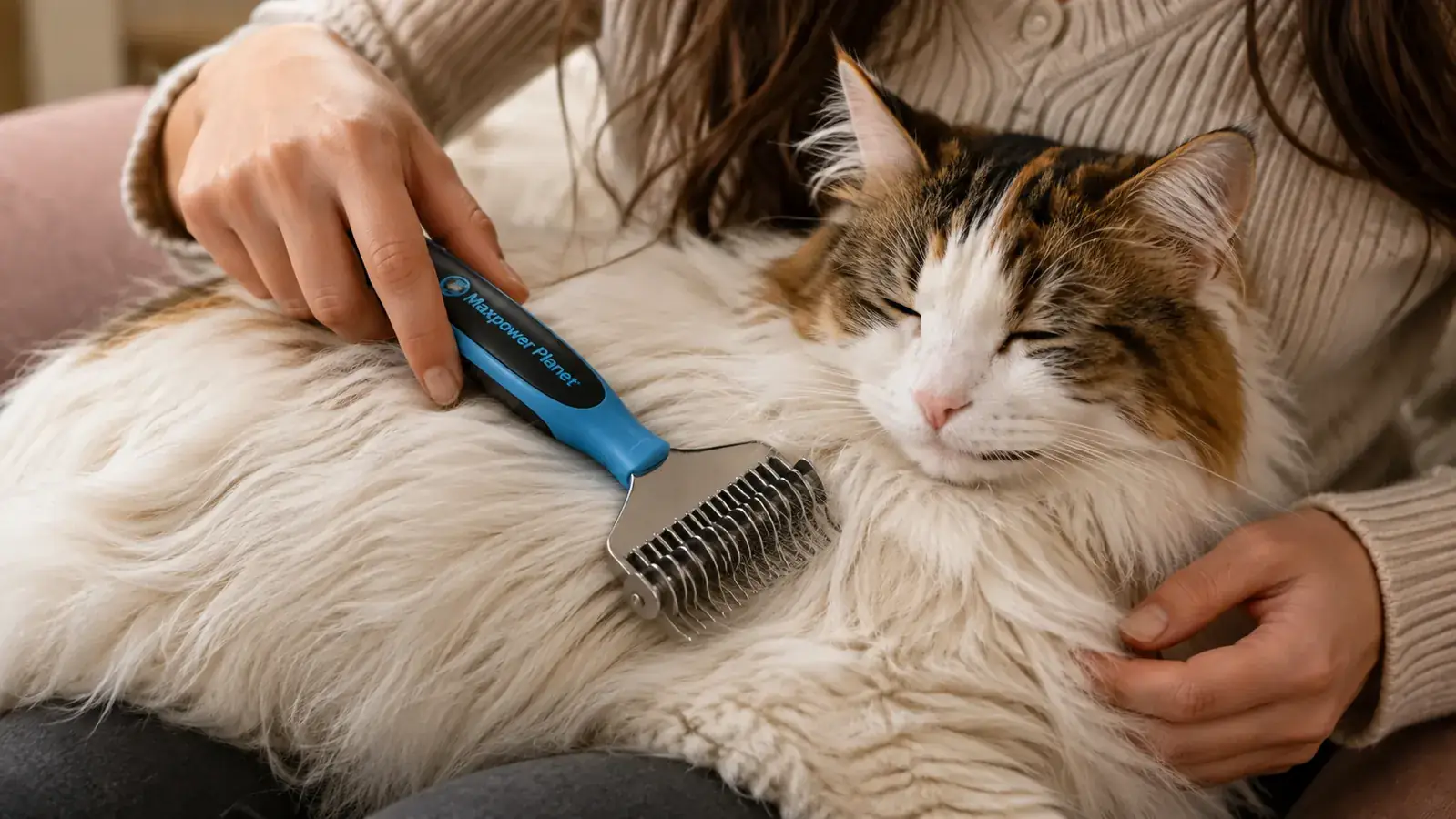 A woman's hand running a double-sided steel deshedding rake through the long coat of a relaxed cat resting on her lap