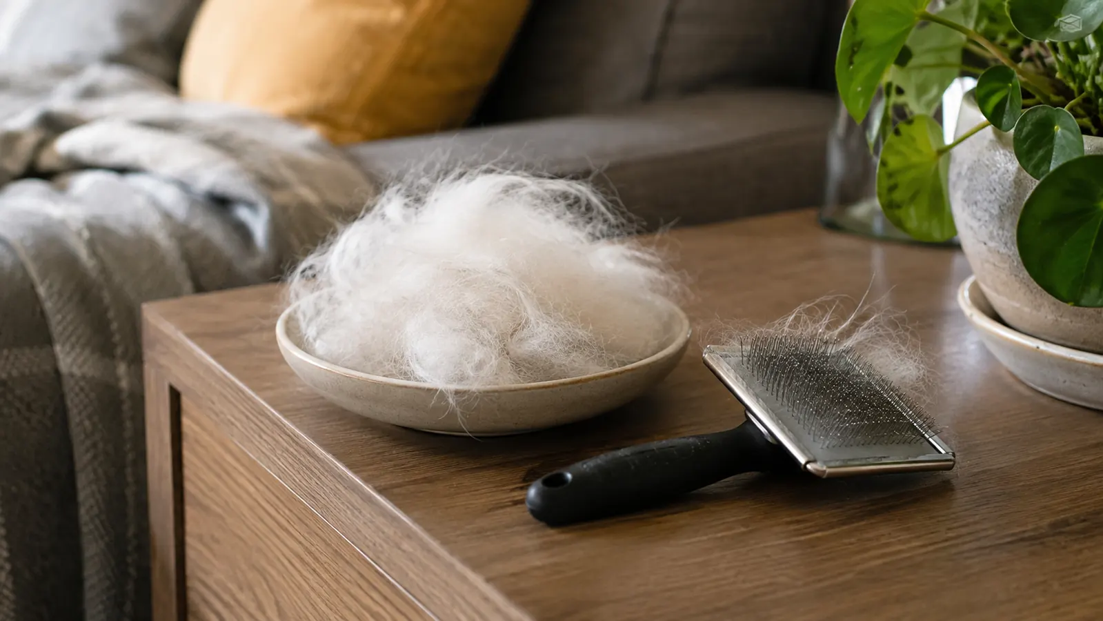 A tidy pile of loose undercoat fur collected in a small ceramic saucer on a wooden side table after a brushing session