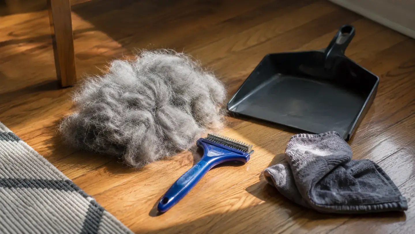 A small neat pile of gray cat fur on a wooden floor beside the blue deshedding rake and a dustpan, honest morning light