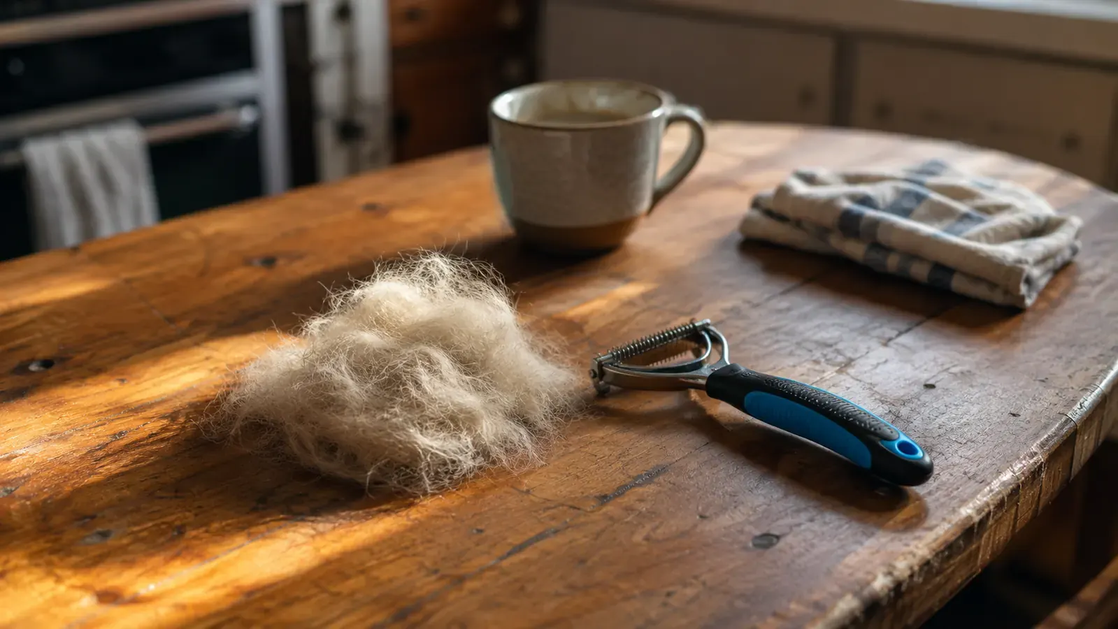 A small neat mound of brushed-out cat undercoat fur on an old wooden table beside the blue deshedding rake and a half-empty coffee cup