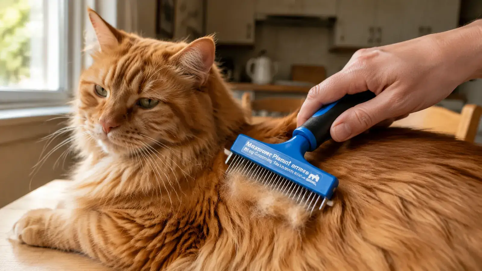 A hand running a wide double-sided deshedding rake through a cat's long back fur