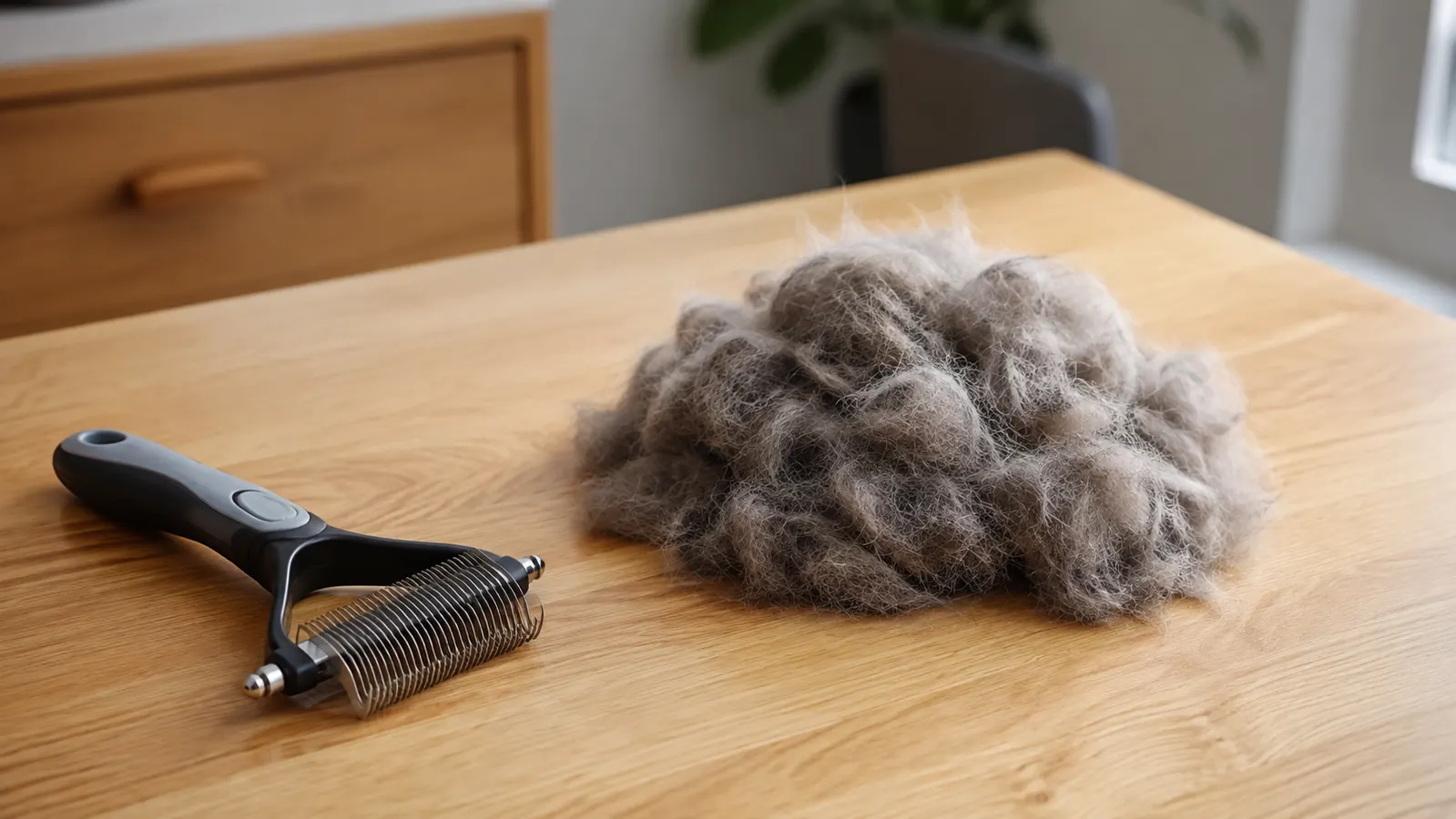 A neat pile of brushed-out cat fur on a wooden table beside a deshedding rake