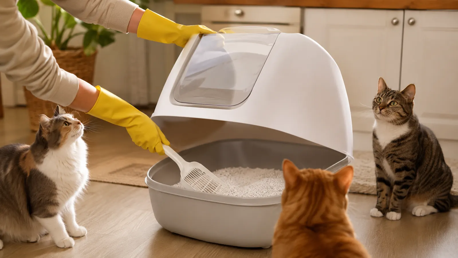 A hand in a yellow rubber glove opening the top of the hooded litter box to scoop, clean white granules visible inside