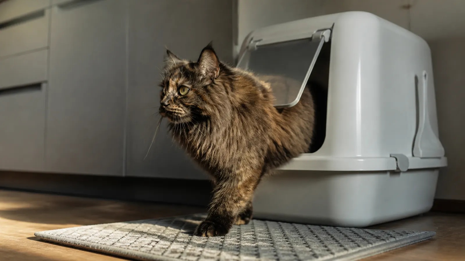 A long-haired tortoiseshell cat stepping out through the swinging door of a white hooded litter box onto a litter mat in a sunlit kitchen at golden hour.