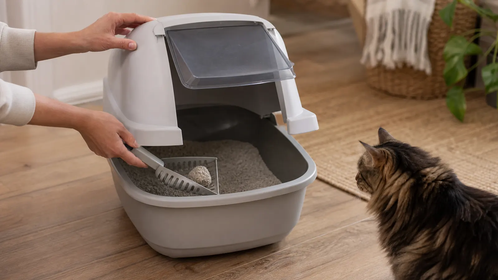 A hand lifting the hooded lid of the enclosed litter box to scoop with a slotted scooper, litter granules staying contained inside the box