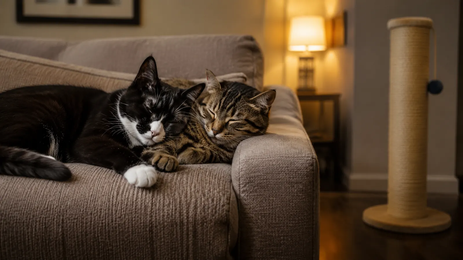 Two cats nap on a couch arm while a scratching post stands at the end of the room in evening light
