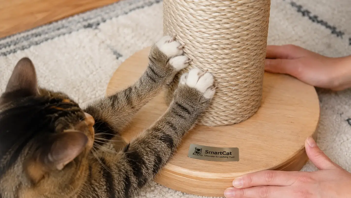 Close view of a cat's claws gripping the braided sisal rope of the SmartCat Ultimate Scratching Post mid-scratch, the solid natural wood base holding firm, fibers pulled tight.
