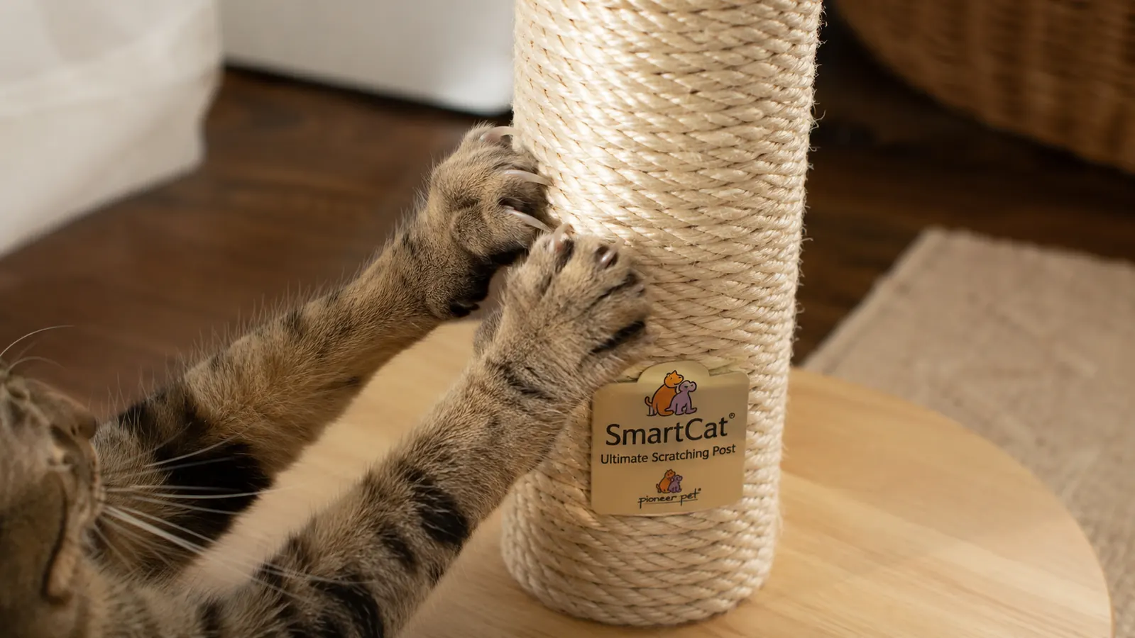 Close view of a cat's front paws gripping braided sisal rope on the SmartCat Ultimate Scratching Post, claw tips hooked into the fibers with the wooden base visible below.