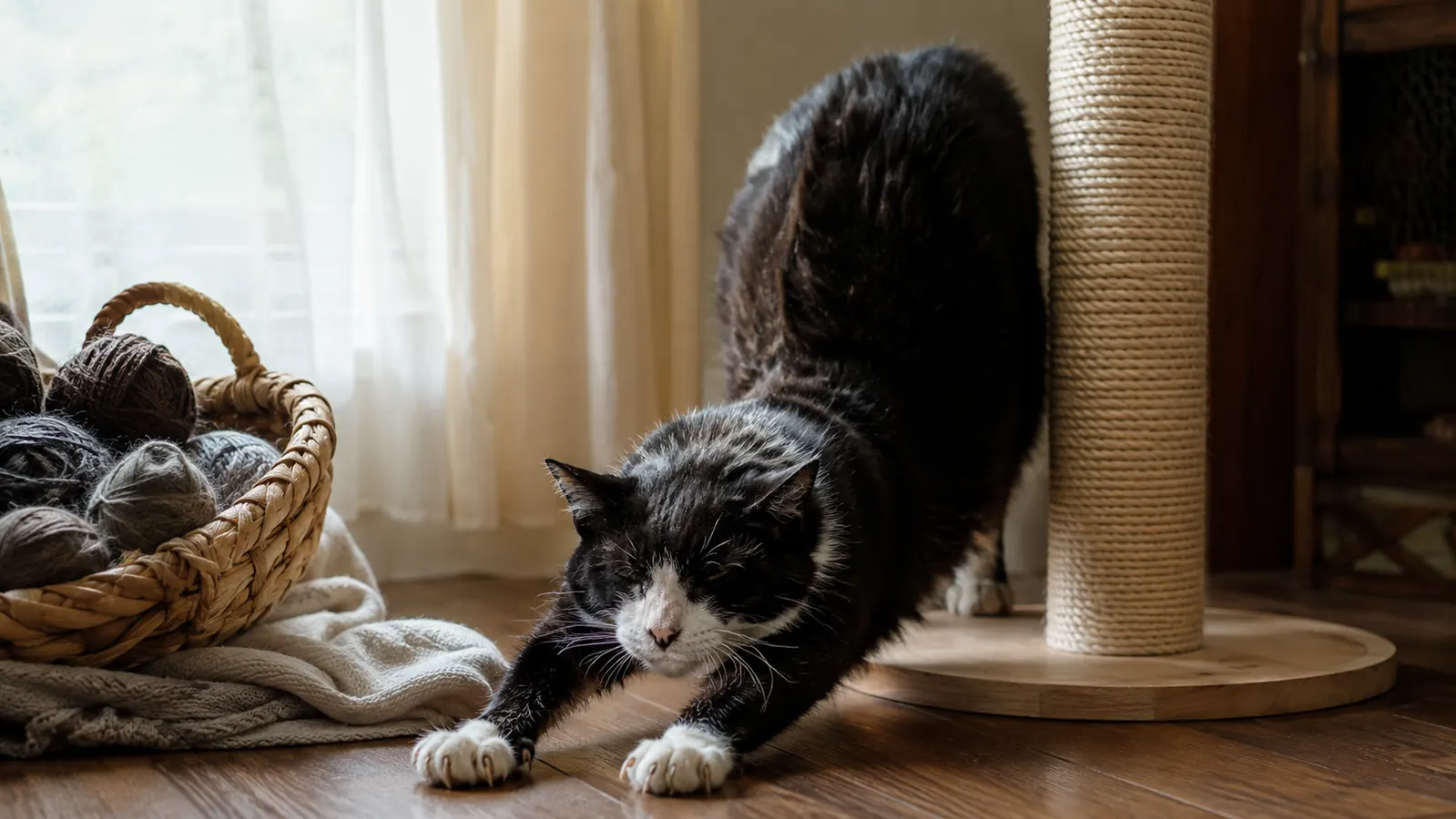 An eleven-year-old tuxedo cat doing a slow morning stretch beside a tall sisal scratching post on a hardwood floor, a basket of yarn and a folded linen blanket nearby.