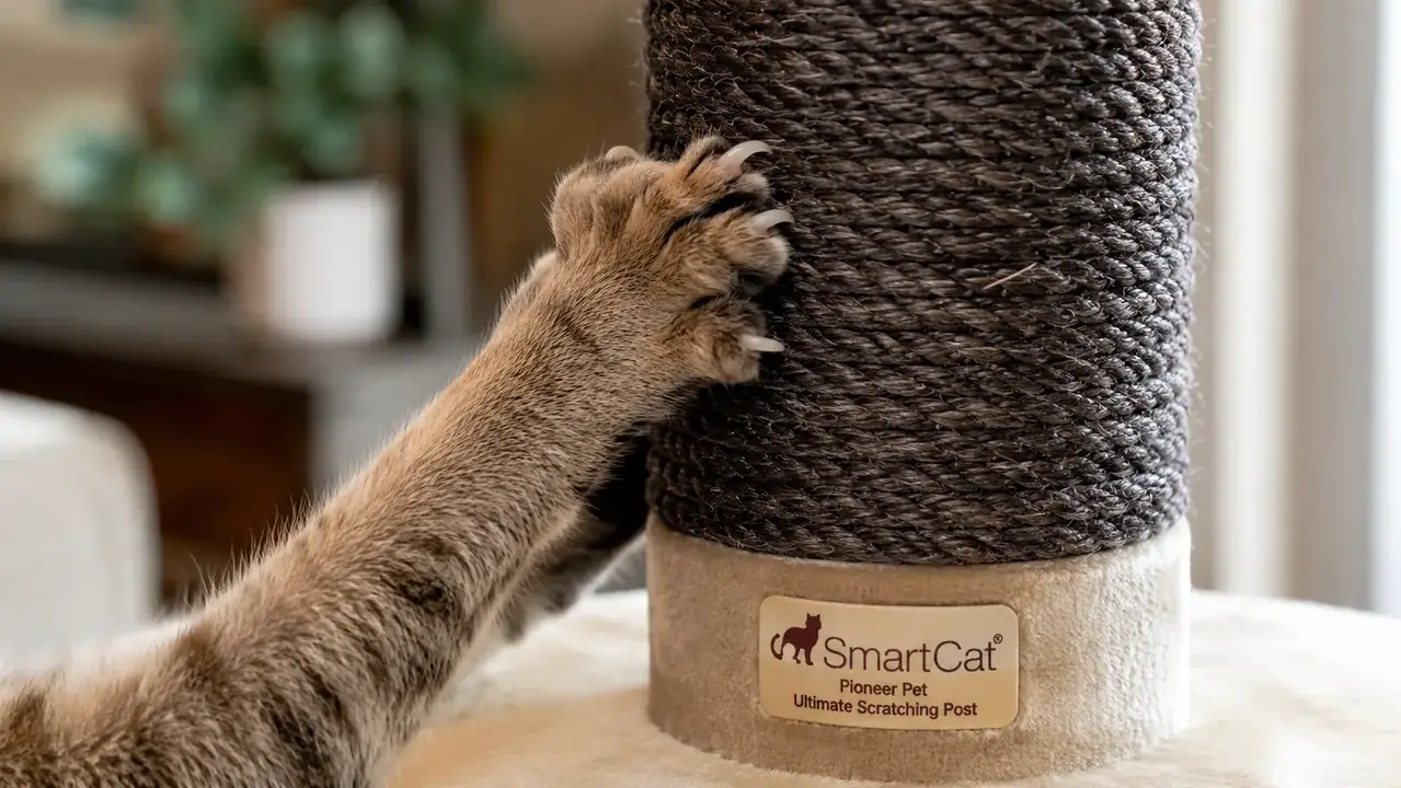 Close-up of a cat's paw gripping the dark sisal column of a scratching post, claws extended