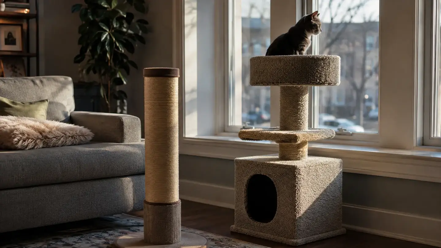 A gray cat sitting on the top perch of a cat tree beside a window, with a scratching post in the foreground of the room