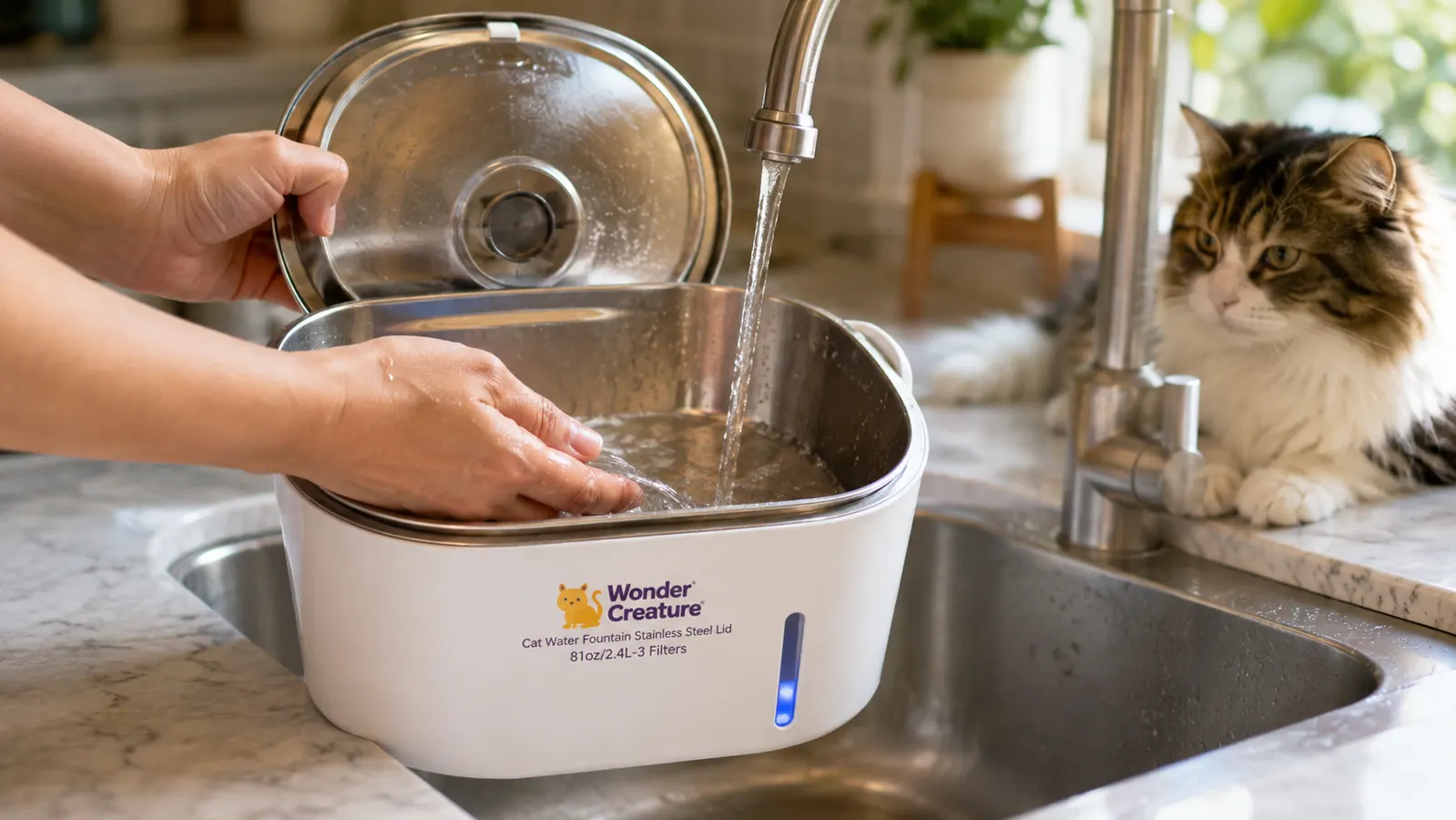 Hands rinsing the inside of the fountain's stainless steel basin under a kitchen tap