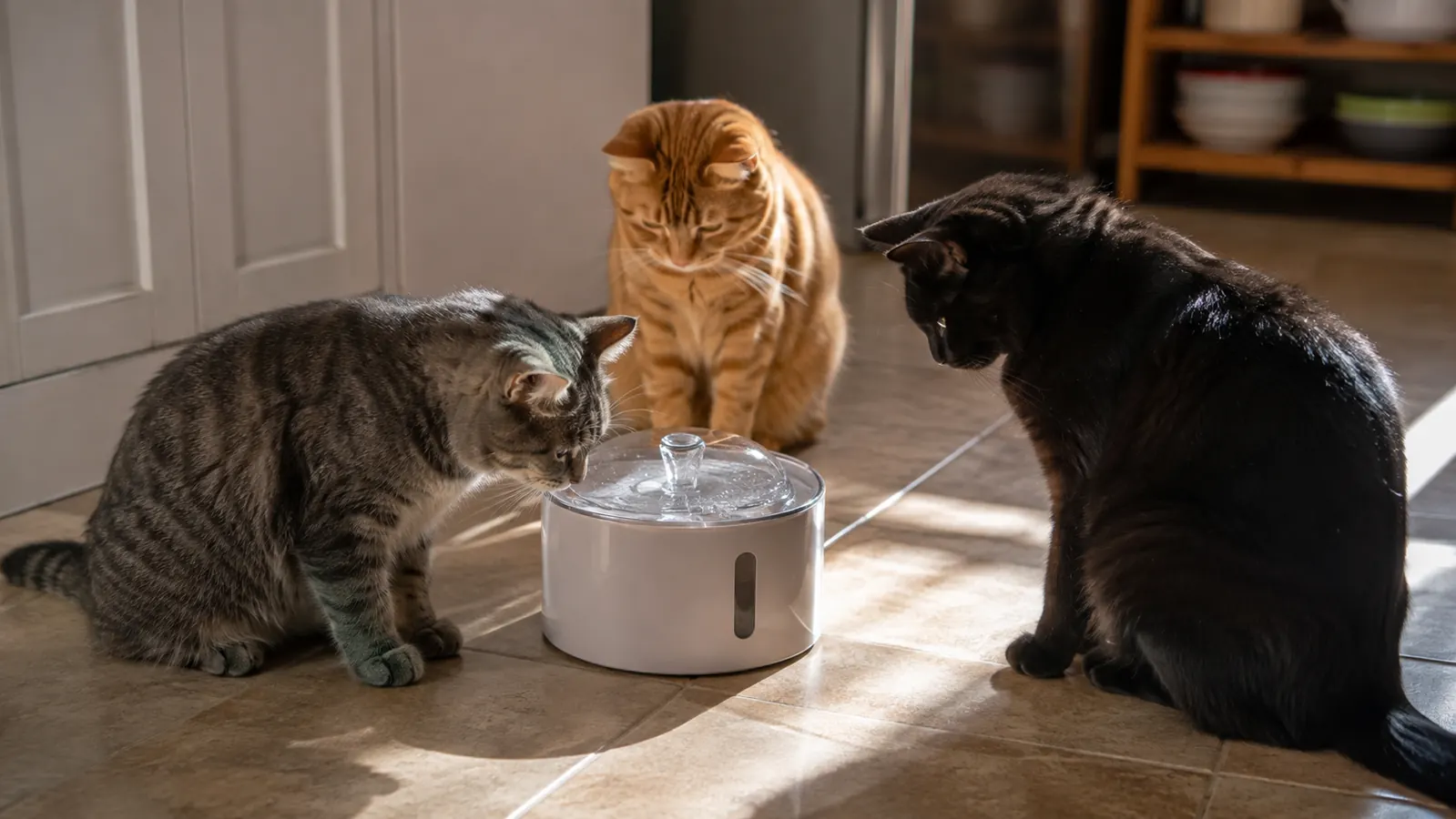 Three cats of different colors gathered around a water fountain on a tiled kitchen floor