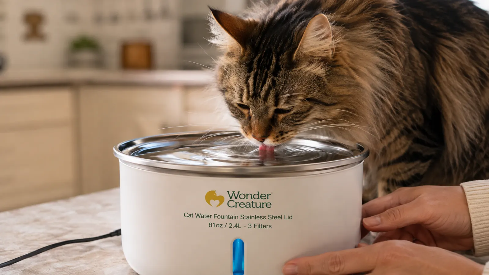 Close view of a long-haired tabby drinking from the stainless lid of a pet water fountain