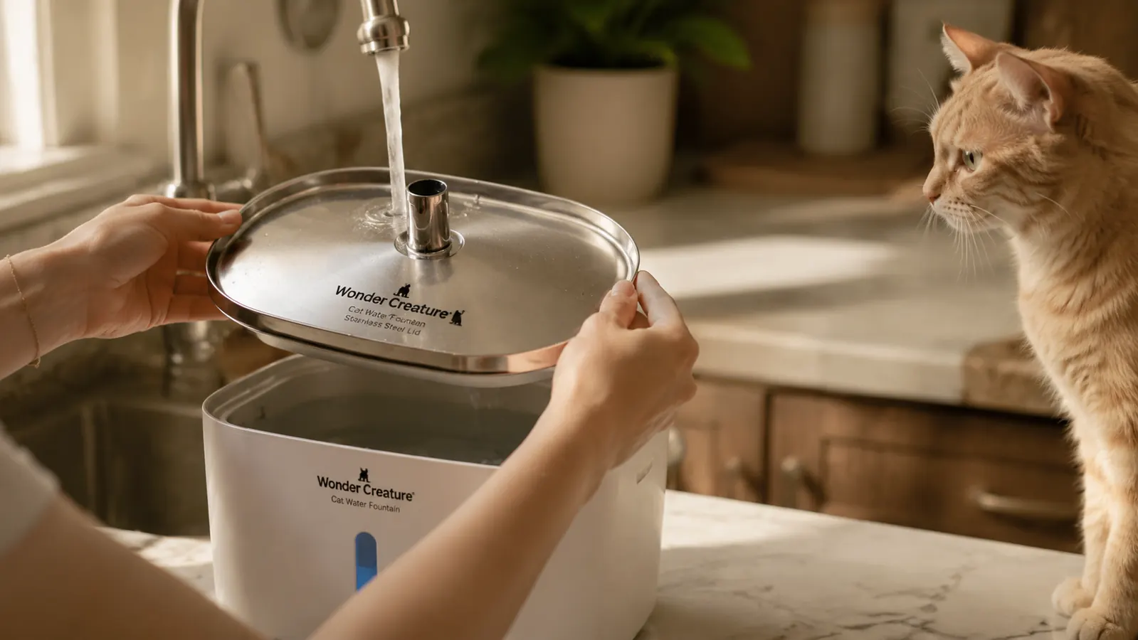 Hand lifting the stainless steel lid off a pet water fountain to refill it at the kitchen sink.