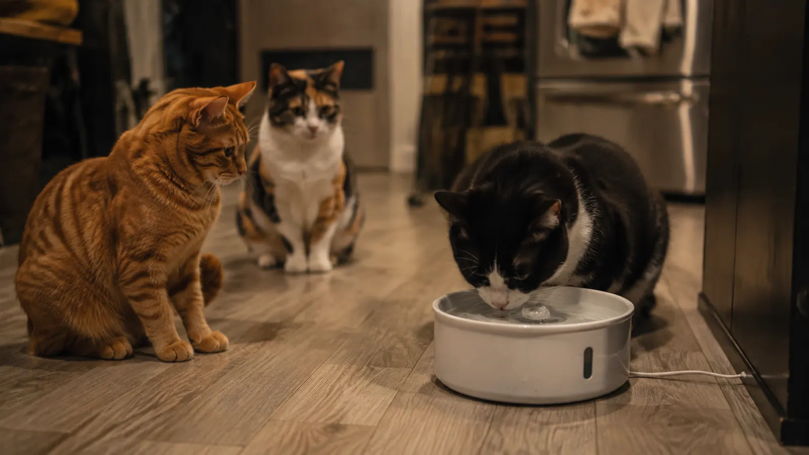 Three cats waiting their turn around a pet water fountain on a kitchen floor at evening, tuxedo drinking while an orange tabby and a calico wait.
