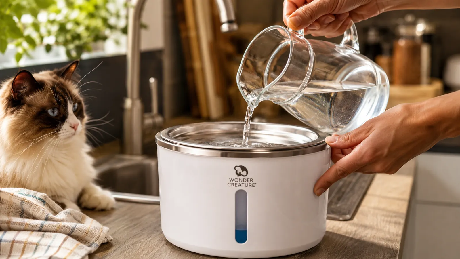 Hands topping off the stainless steel basin of a cat water fountain from a glass pitcher near a kitchen sink