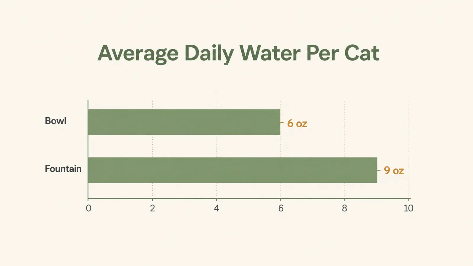 Simple bar chart titled Average Daily Water Per Cat showing 6 ounces with a bowl and 9 ounces with a fountain