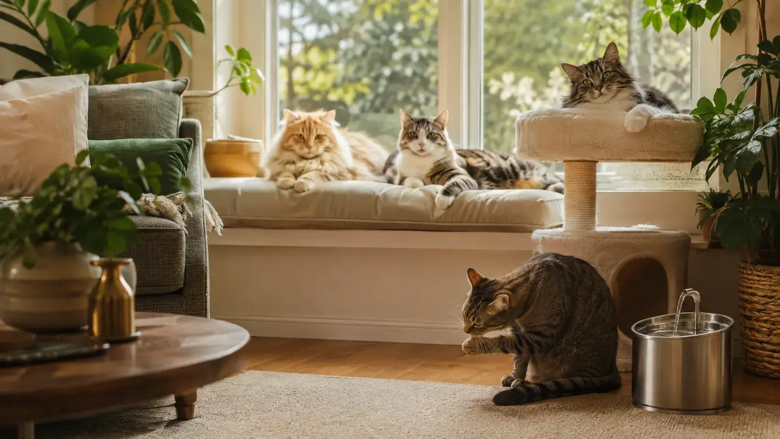 Three cats lounging on a sunlit window seat and cat tree in a sage-and-gold living room