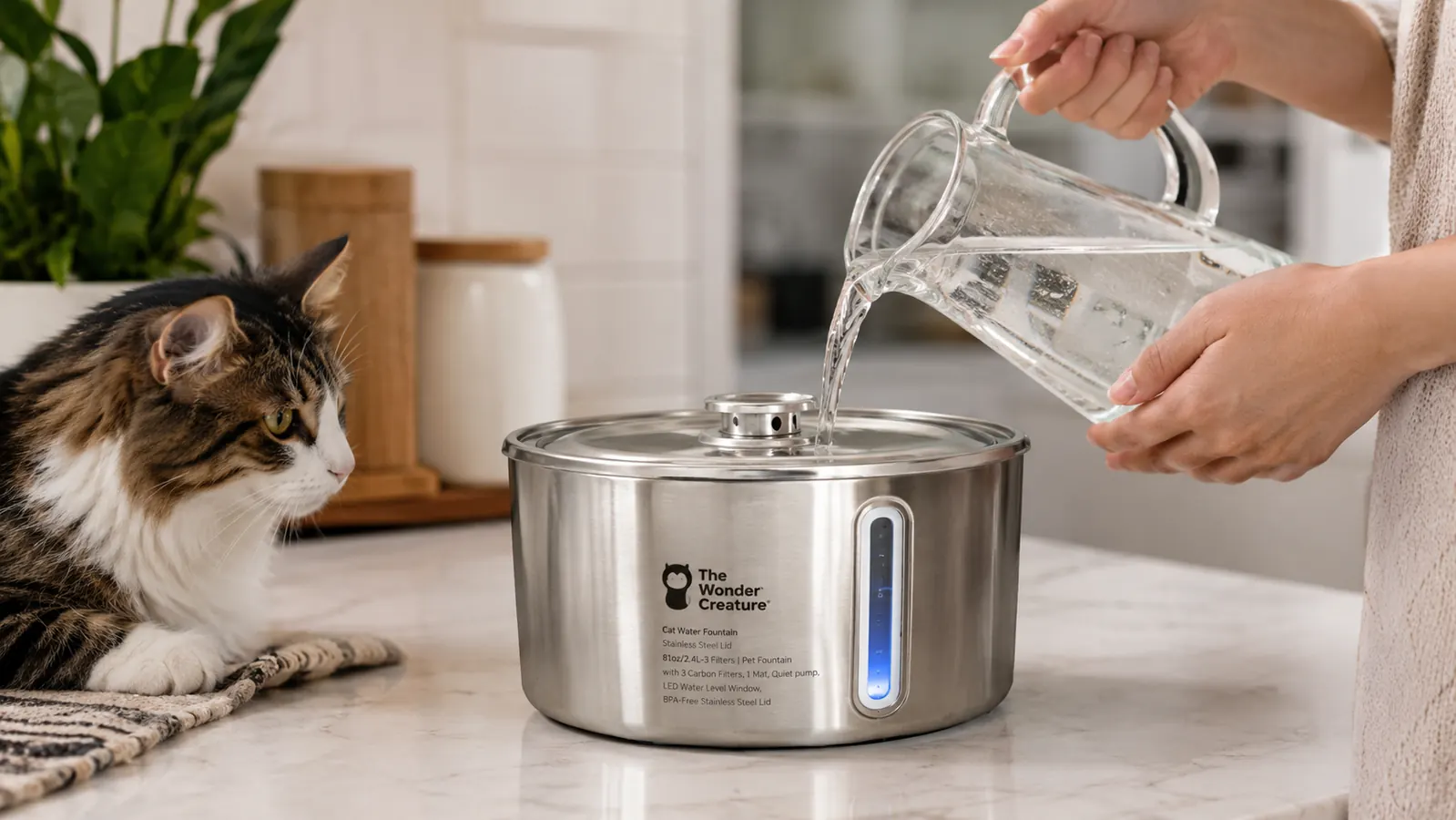 A person's hand pours fresh water from a pitcher into the top of a stainless steel cat fountain while the LED water level window on the front shows the reservoir nearly full