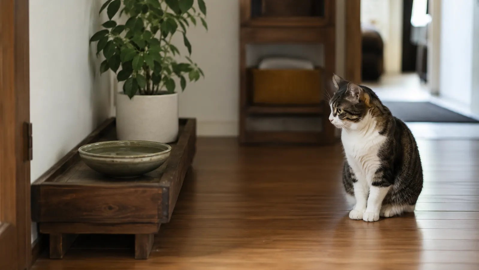A wide shallow ceramic water bowl sits on a low wooden shelf in a hallway, with a cat sitting a few feet away looking at it