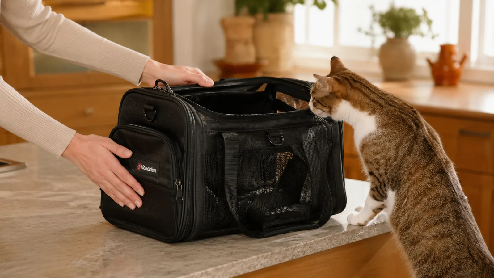 A hand placing a soft-sided carrier at eye level on a kitchen counter while a cat sniffs the open top