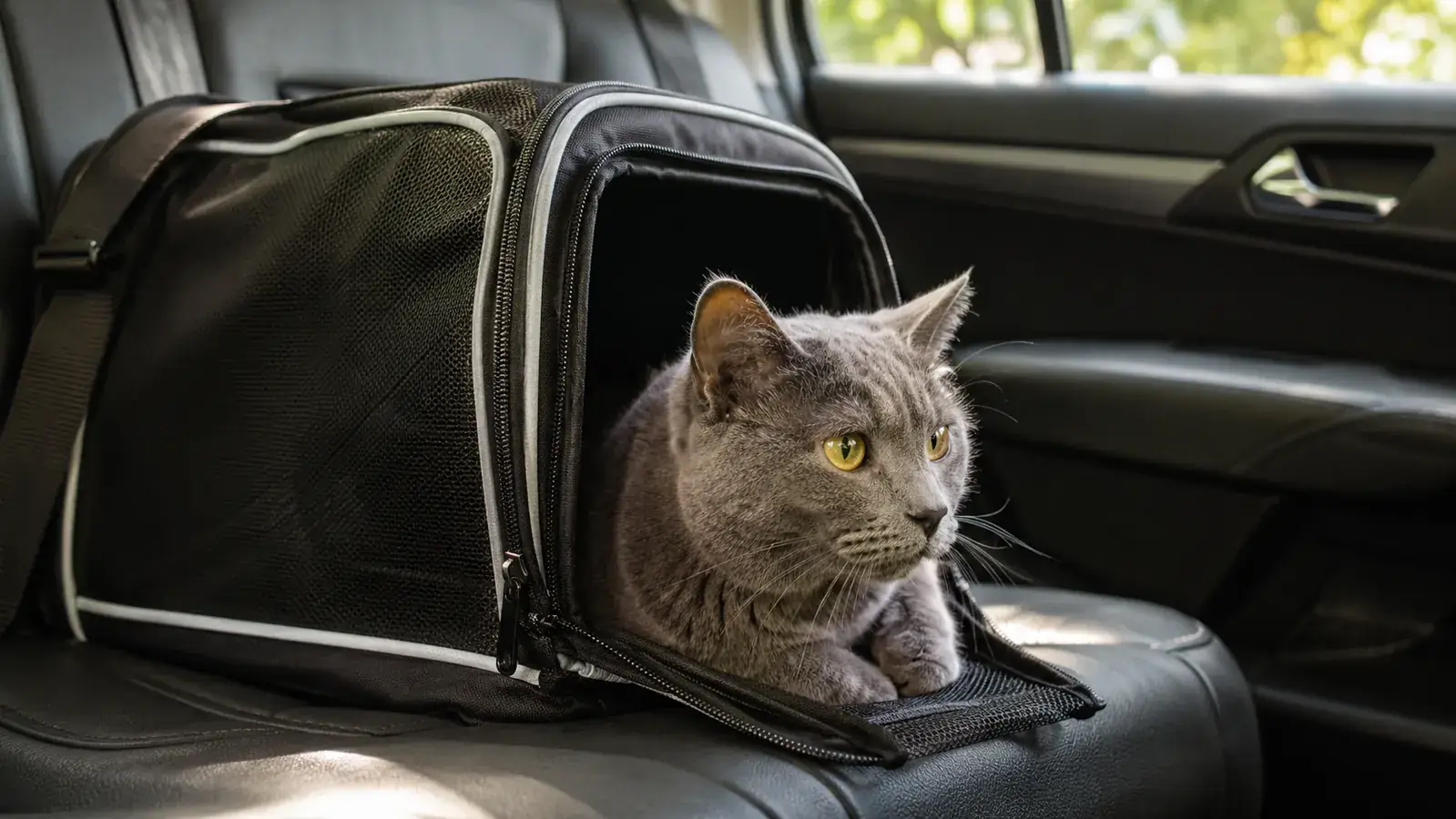 A calm gray cat half inside a zipped-open carrier on a back seat, a car window behind it