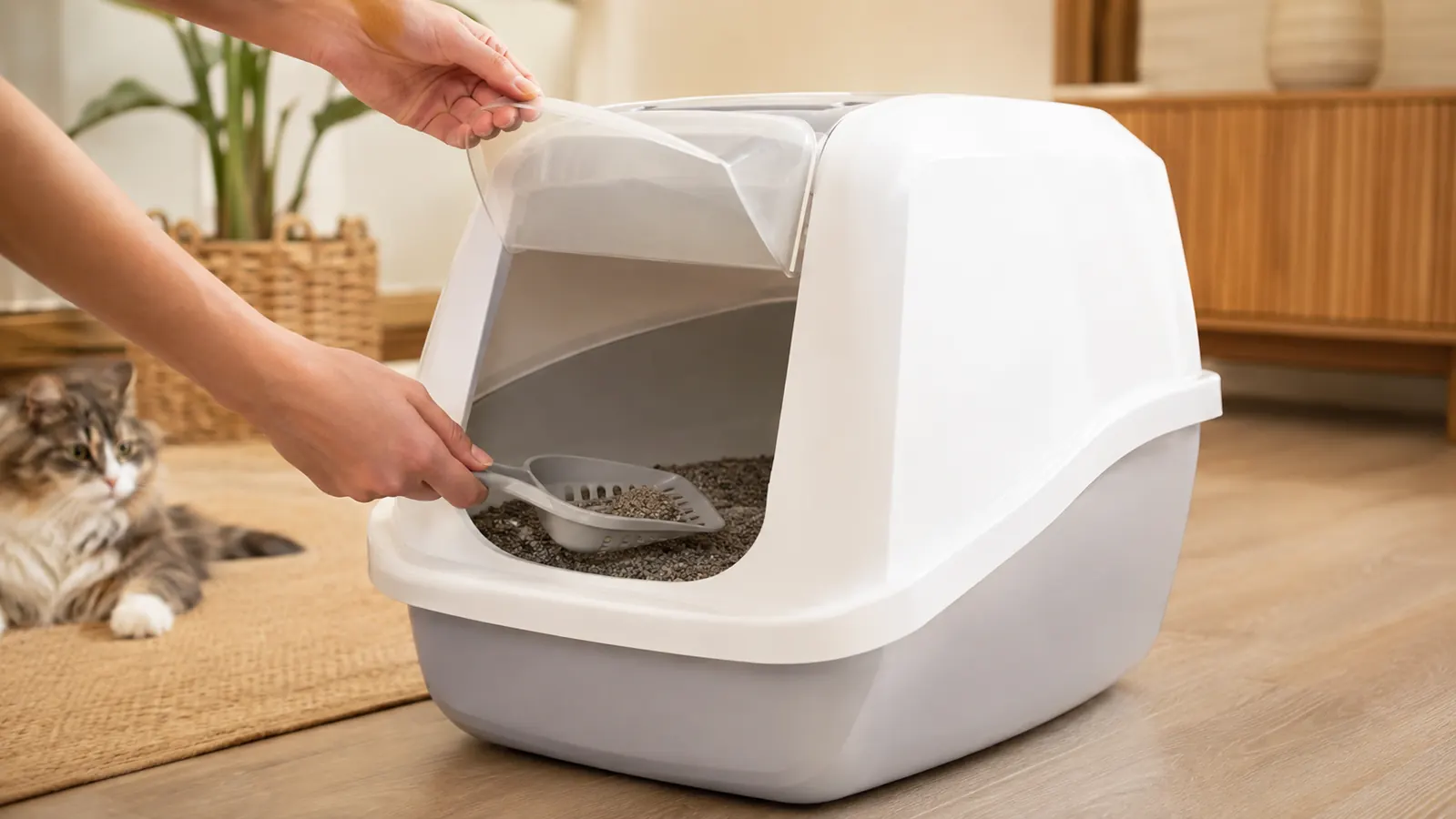A hand opening the swinging door of a hooded enclosed litter box to scoop clumps with a sifting scoop