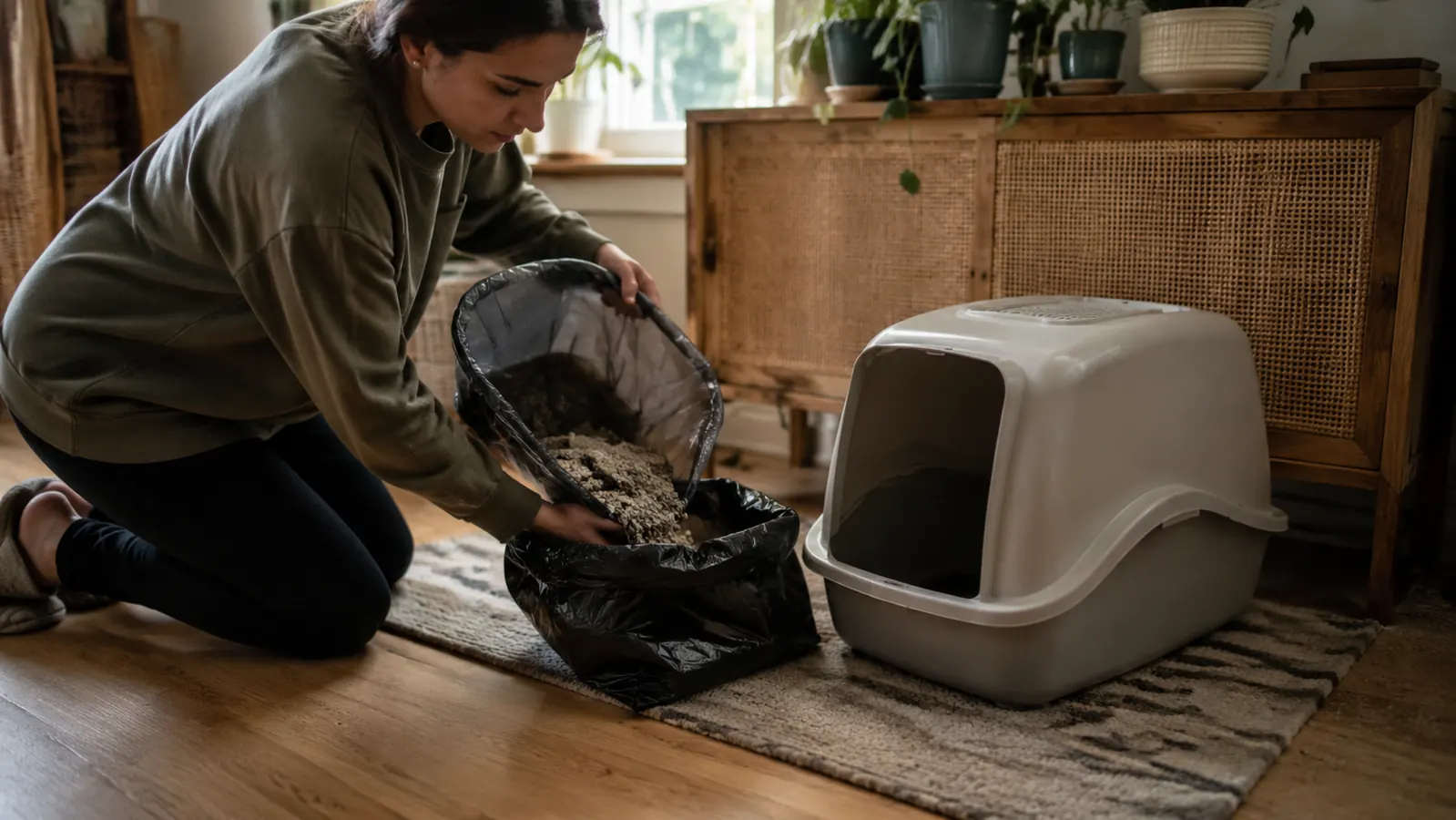 A person in slippers kneeling to dump a litter box liner into a small trash bag on a fresh household day