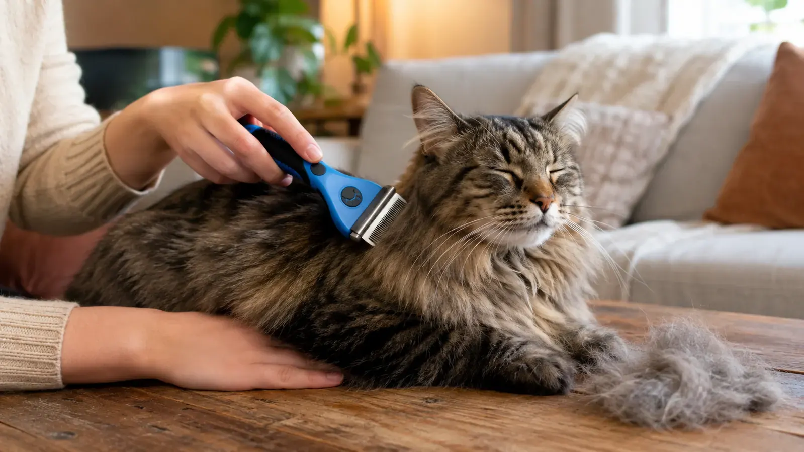 A hand running a blue double-sided deshedding rake through the back of a long-haired cat, a small clump of pulled undercoat fur on the table beside them
