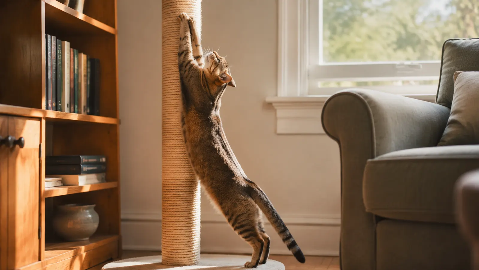 A cat doing a full-body stretch with front claws sunk into a tall sisal post in a sunlit corner